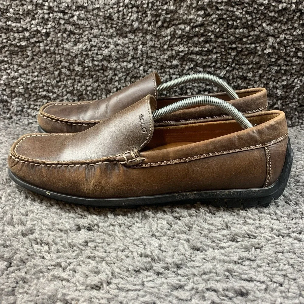 ECCO Mens Casual Dress Shoes Moc Brown Leather Slip On Driver Loafers Size EU 46